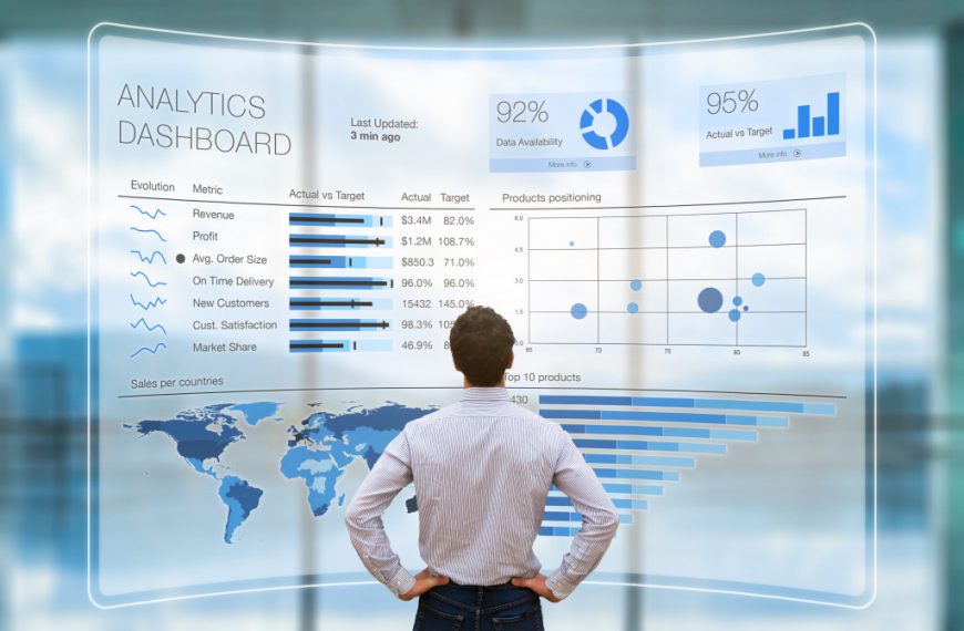 A businessman looking at an analytics dashboard