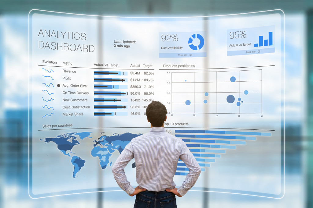 A businessman looking at an analytics dashboard